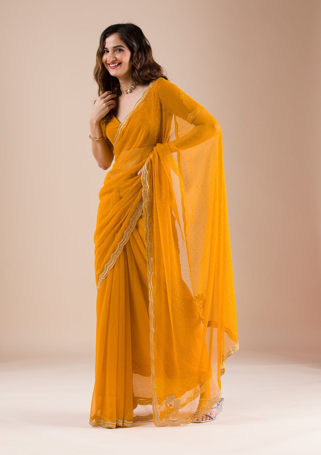 Mustard Stonework Chiffon Saree