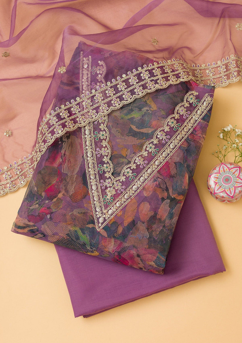 Purple Printed Organza Unstitched Salwar Suit