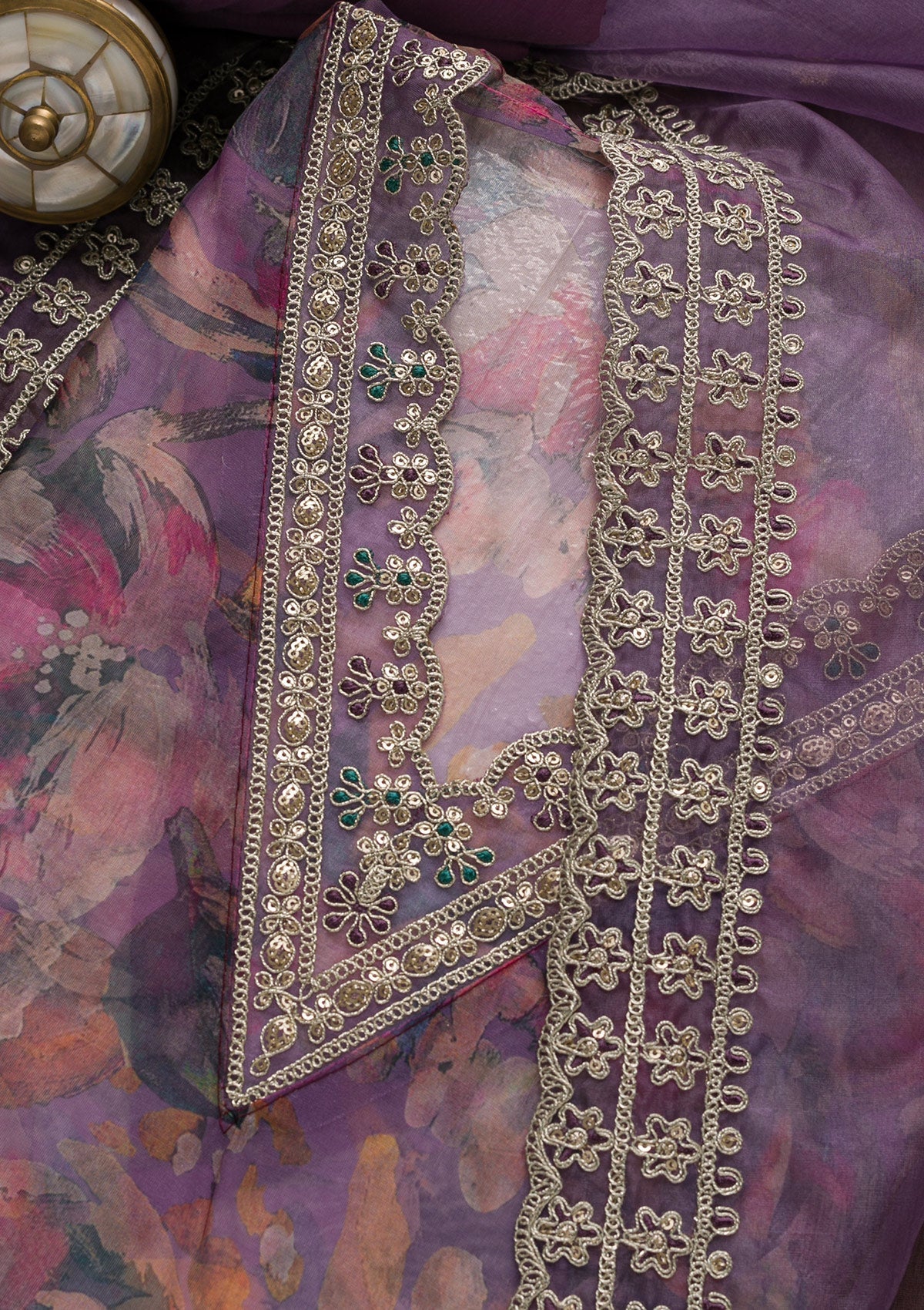 Purple Printed Organza Unstitched Salwar Suit