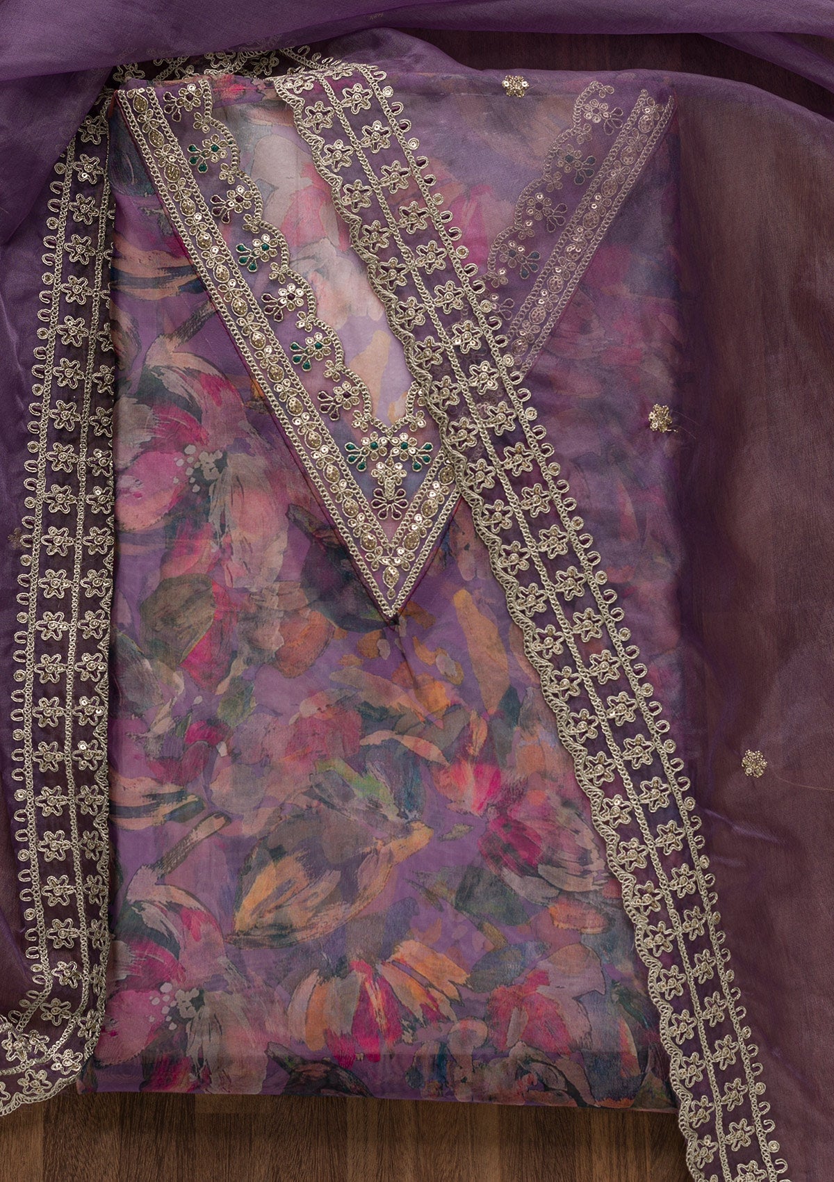 Purple Printed Organza Unstitched Salwar Suit