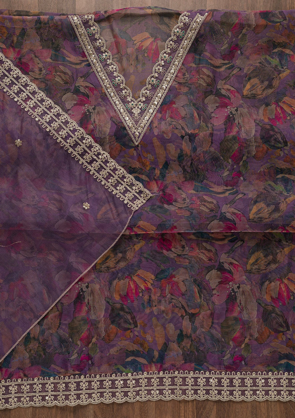 Purple Printed Organza Unstitched Salwar Suit
