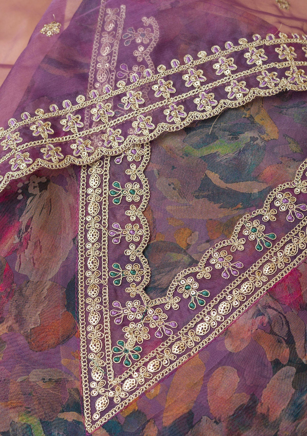 Purple Printed Organza Unstitched Salwar Suit